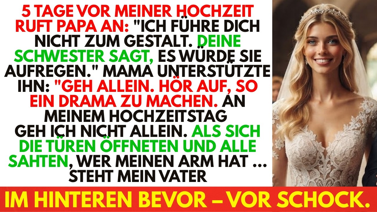 Fünf Tage vor meiner Hochzeit rief mich mein Vater an. „Ich werde dich nicht zum Altar führen“, sagte er kalt, „deine Schwester weint im Badezimmer, weil dein Glück sie verunsichert.“ Meine Mutter...