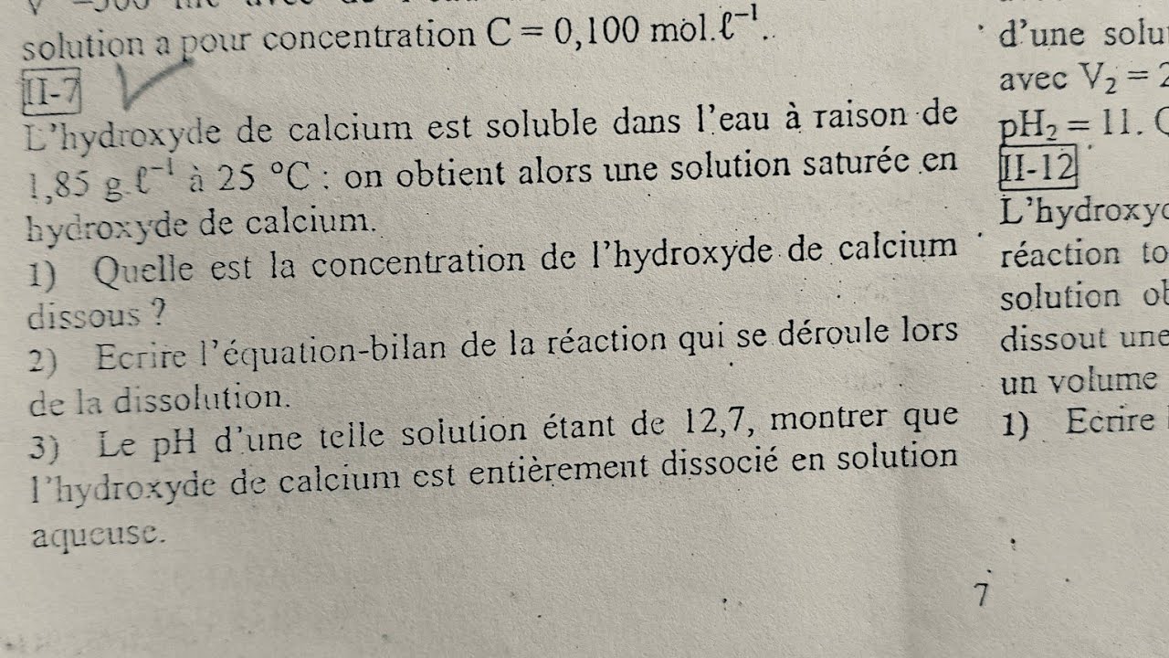 Solution aqueuse TleS : hydroxyde de calcium (exercice corrigé)