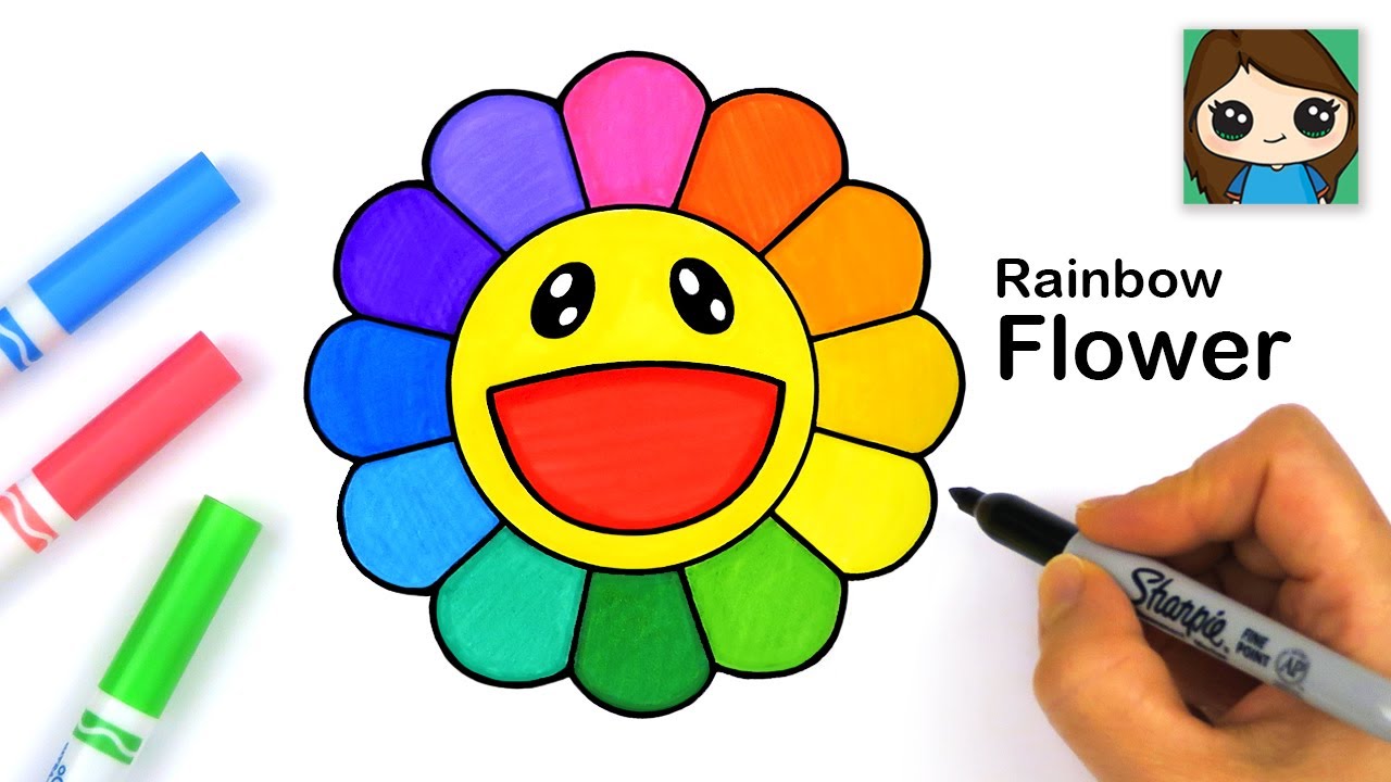 How to draw a Rainbow Flower Drawing inside smiley face easy for beginners  step by step #Shorts 