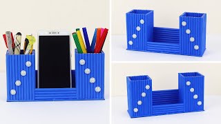 How To Make a Pen Holder and Phone Holder from Waste Paper | DIY Newspaper Pen Holder