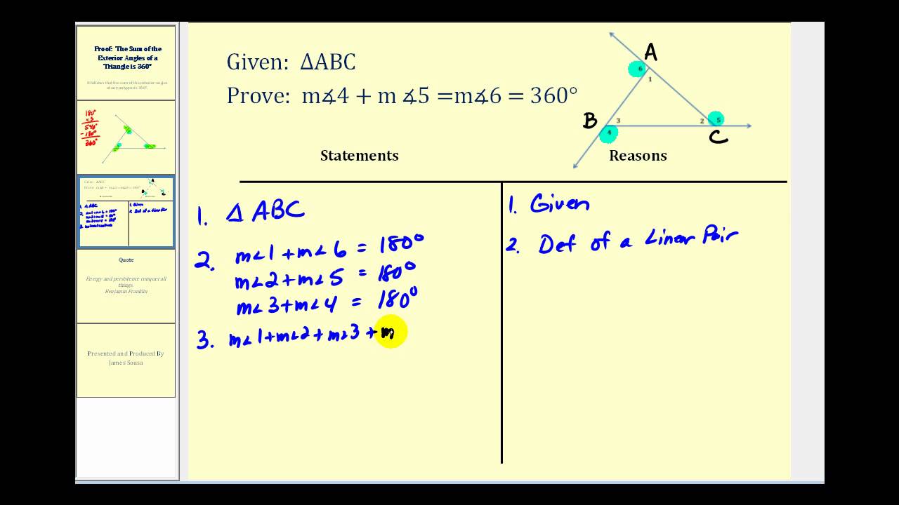 Proof The Sum Of The Exterior Angles Of A Triangle Is 360 Degrees