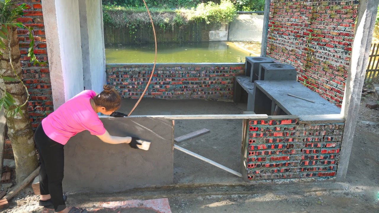 Pour Concrete Floor, Floor Tiles - Building Beautiful Kitchen with Stove And Chimney | Ly Hoang Linh