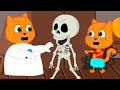 Familia de Gatos - Esqueleto Aterrador en el ático Dibujos animados para niños