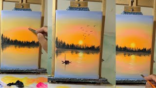 Full Process Sunset River Painting | Boat & Birds Reflection Acrylic Tutorial 🌅🎨