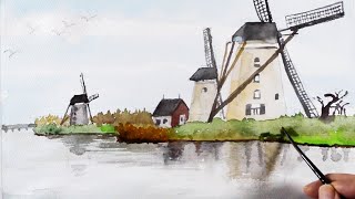 水彩画 watercolor 「風車のある風景」Landscape with windmill