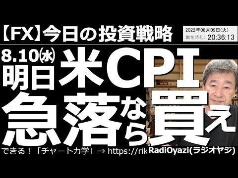 【為替(FX)－今日の投資戦略】明日、８月10日(水)のアメリカCPIで米ドルが急落すれば買い！　明日夜９時半にアメリカCPI(消費者物価指数)が出る。その結果米ドルが下落すれば「買い」を検討したい。