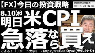 【為替(FX)－今日の投資戦略】明日、８月10日(水)のアメリカCPIで米ドルが急落すれば買い！　明日夜９時半にアメリカCPI(消費者物価指数)が出る。その結果米ドルが下落すれば「買い」を検討したい。