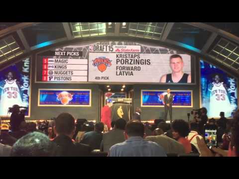 Knicks select Kristaps Porzingis reaction inside Barclays Center
