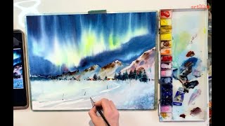 Как нарисовать северное сияние акварелью | Как нарисовать горы | Как нарисовать ночное небо