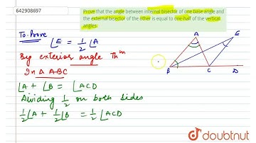 Prove that the angle between internal bisector of one base angle and the external bisector of th...