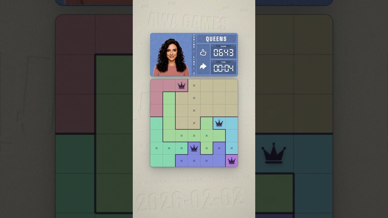 LinkedIn Queens #643 solved board for February 2, 2026, 7x7 grid