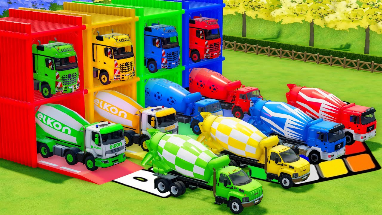 Garage with Colors - ALL MIXER TRUCK WITH FLATBED TRAILER TRUCK, MACK, RENAULT, KAMAZ, GMC, MAN