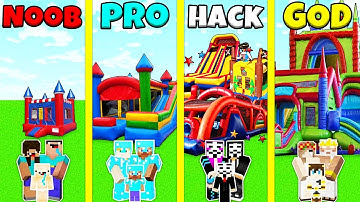 Minecraft Battle: NOOB vs PRO vs HACKER vs GOD: BOUNCY CASTLE HOUSE BASE BUILD CHALLENGE / Animation