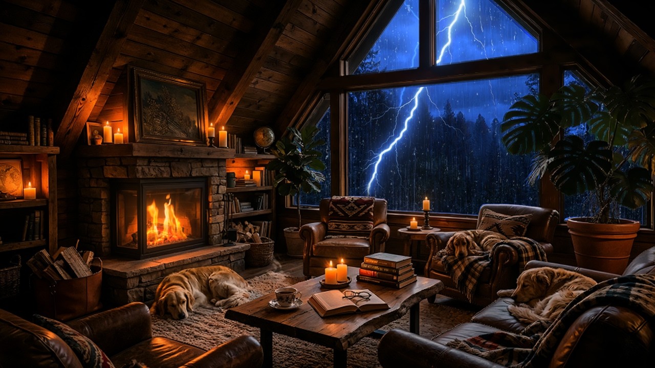10 ЧАСОВ Гроза и дождь ⚡Камин и спящие собаки ASMR