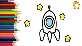 How to draw a rocket. Coloring page/Drawing and painting for kids. Learn colors.