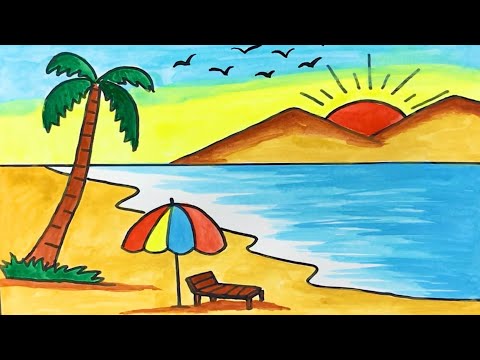 Cách vẽ tranh đề tài phong cảnh biển | how to draw sunrise scenery in the beach