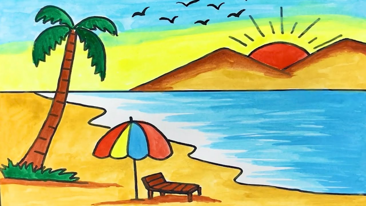 Cách vẽ tranh đề tài phong cảnh biển | how to draw sunrise scenery in the  beach - YouTube