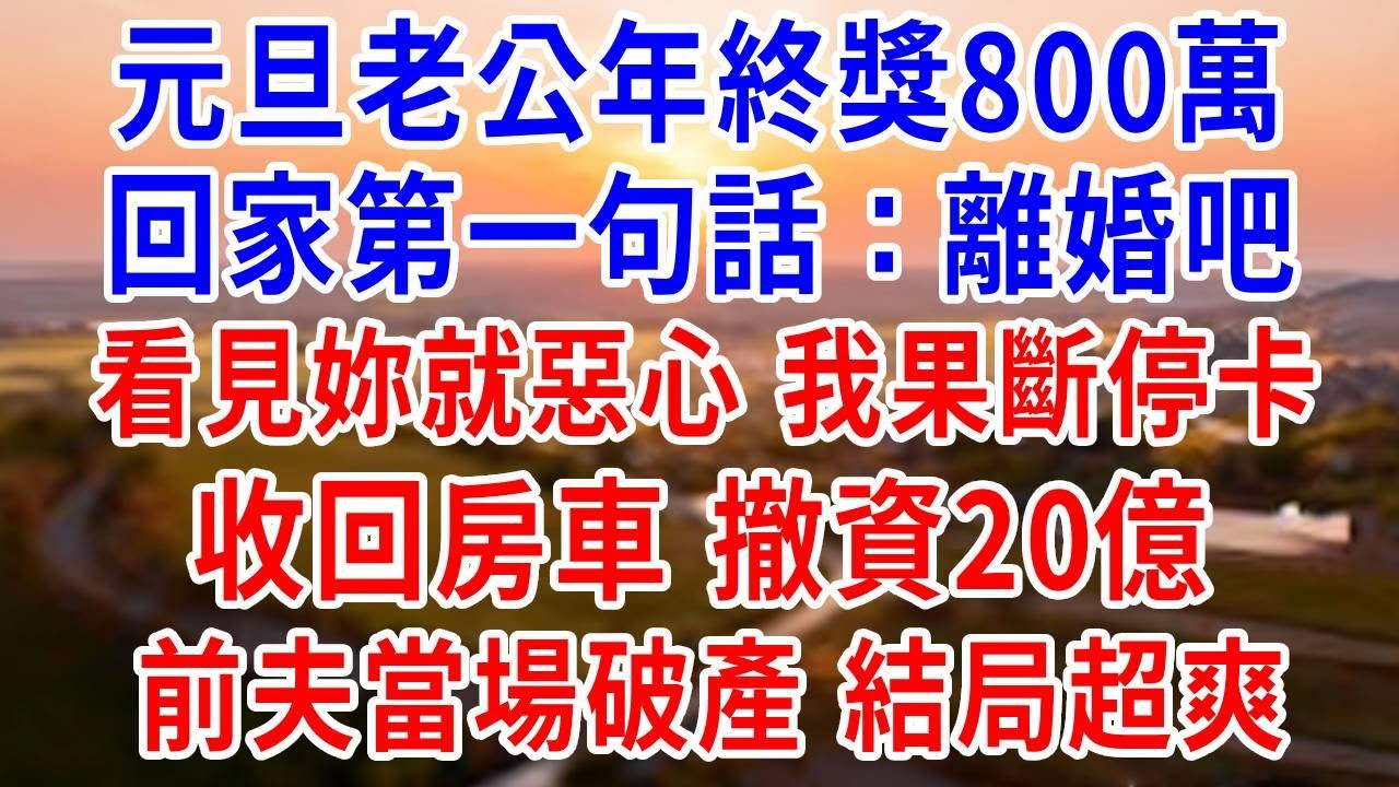 元旦老公年終獎800萬，回家第一句話：離婚吧，看見你就惡心。我果斷停卡，收回房車撤資20億，前夫當場破產，結局超爽#婆媳#反轉#爽文