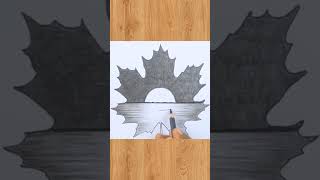 Couple ?scenery drawing||Scenery drawing inside maple  leaf with pencil ||#youtube#shorts