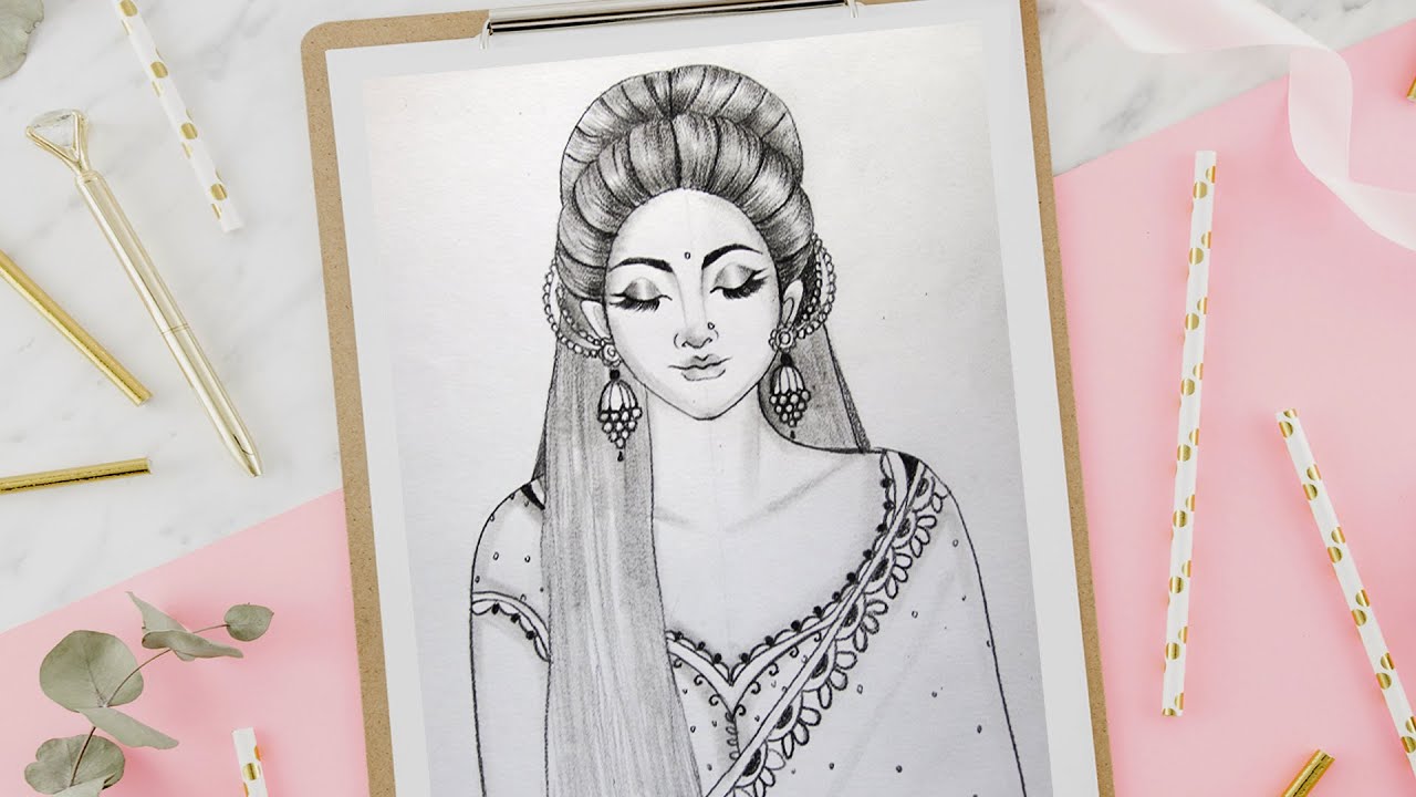 How to draw a beautiful traditional girl | Indian Girl drawing | girl  drawing - YouTube