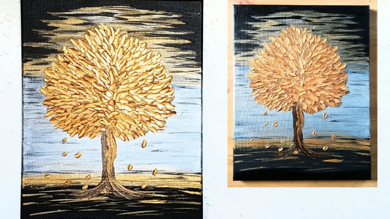 Baum Malen Acryl Gold Spachtel Anfanger Tree Acrylic Painting Metallicgold Palette Knife Beginners Youtube