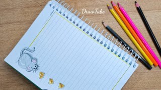 تزيين الدفاتر المدرسية للأولاد من الداخل على شكل فأر كيوت رسم سهل بالخطوات Notebook Border Design