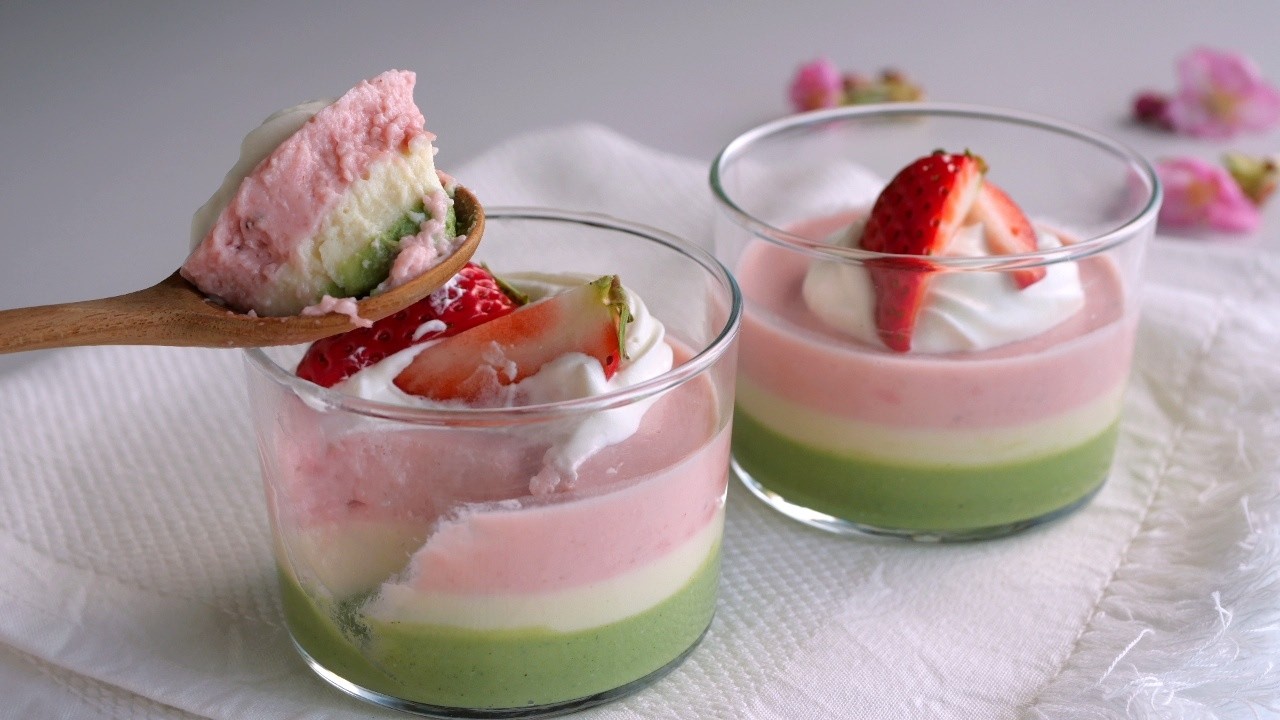 【三層で作る♡春色レアチーズケーキ】混ぜて冷やすだけ! Japanese Hinamatsuri No-Bake Cheesecake