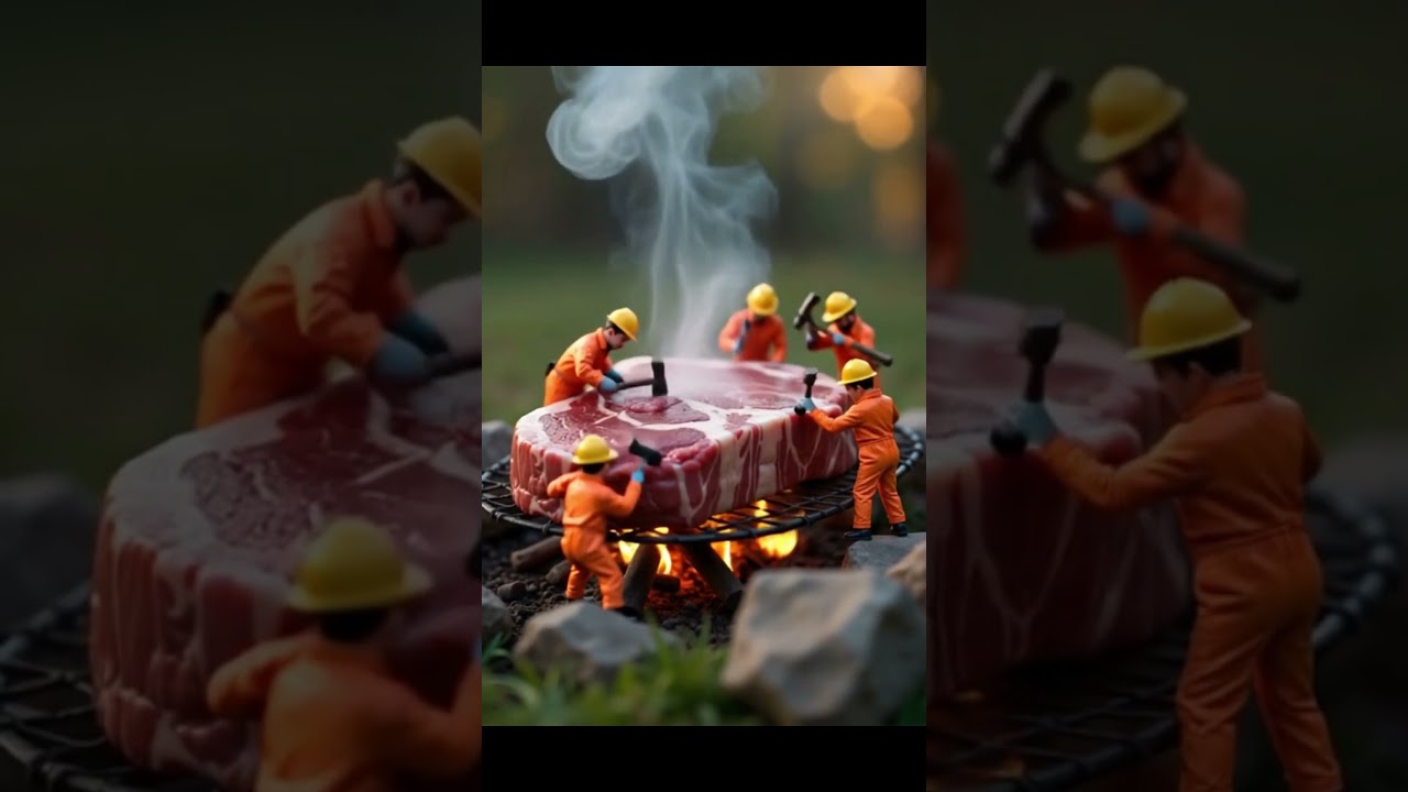 🔨 Tiny Workers, Big Steak! 🍖🔥 | Surreal Miniature Construction Scene