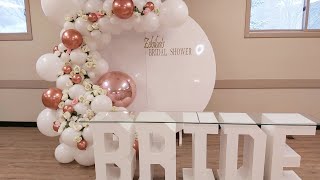 Bridal shower balloon setup | White and Rose gold balloon setup | White balloon garland