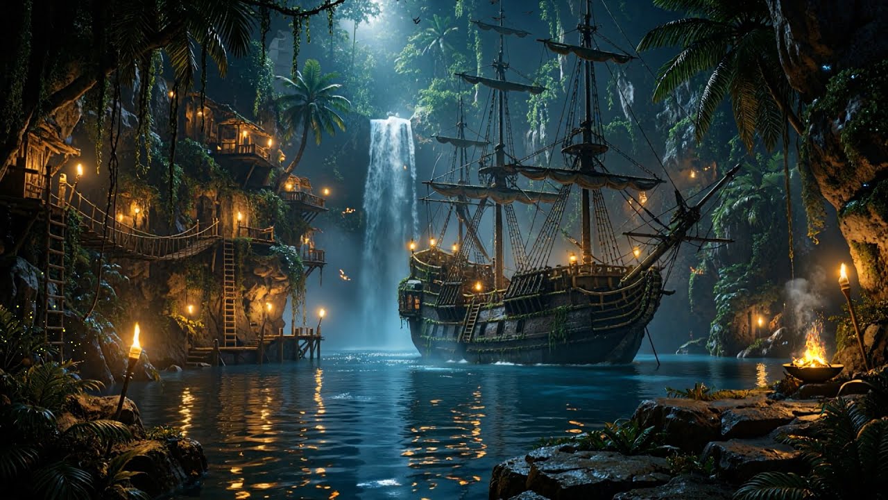 Calm Night in an Enchanted Pirate Harbor |  Waves & Fire |Sleep & Relaxation Sounds