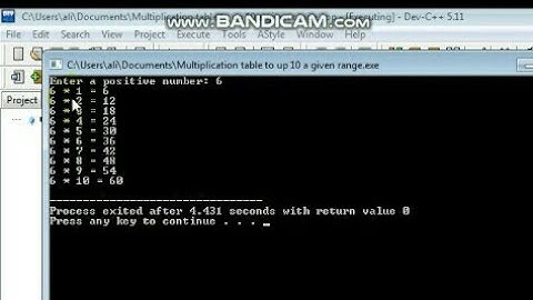 C++ Program to Display Multiplication table by a given range using DEVC++