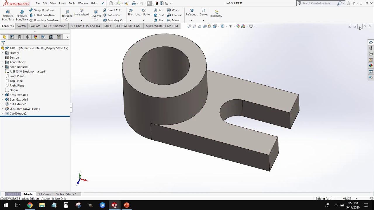 Solidworks Tutorial: sketching, extrusions, cuts, fillets, and more ...