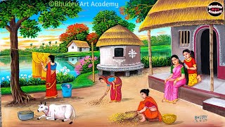 Beautiful Village Landscape Scenery Painting| Indian Village Scenery Painting With EarthWatercolor