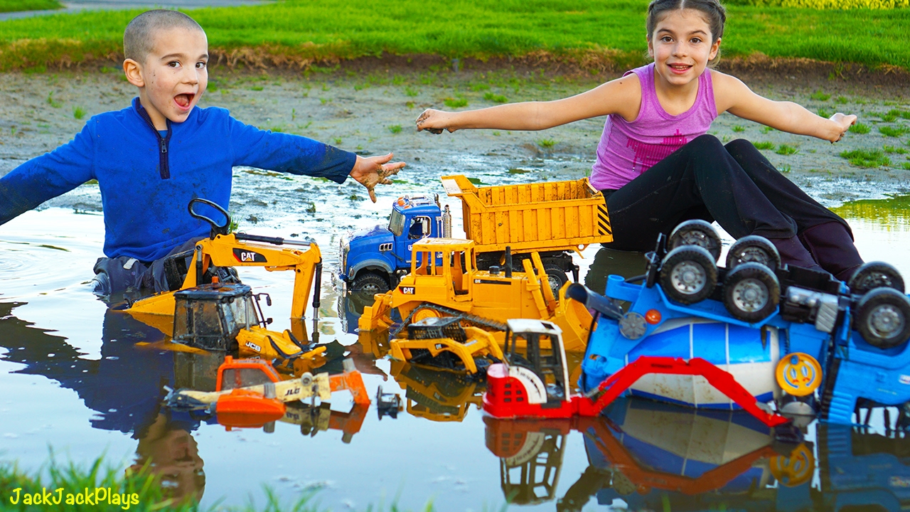 Playing with Toys in the Mud! Bruder Dump Trucks, Diggers, and Excavators  for Kids