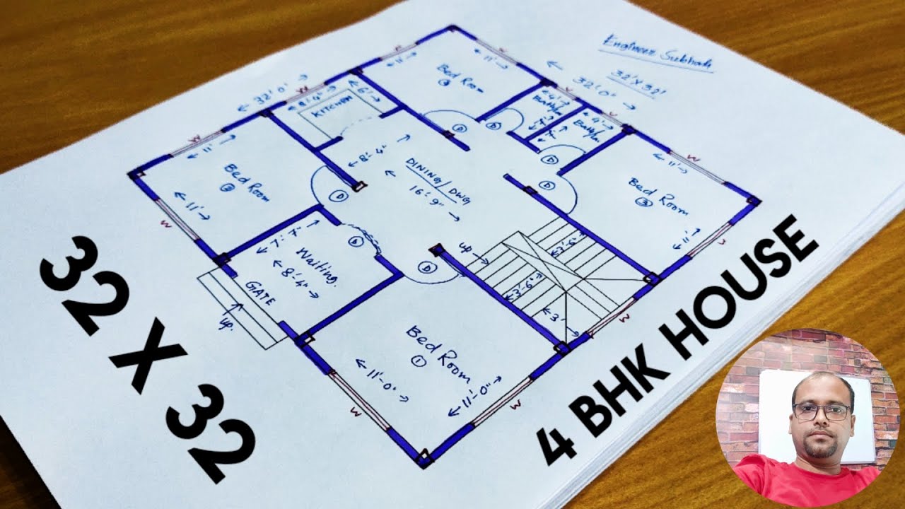 32 x 32 house plan II 4 bhk house plan II 32x32 ghar ka