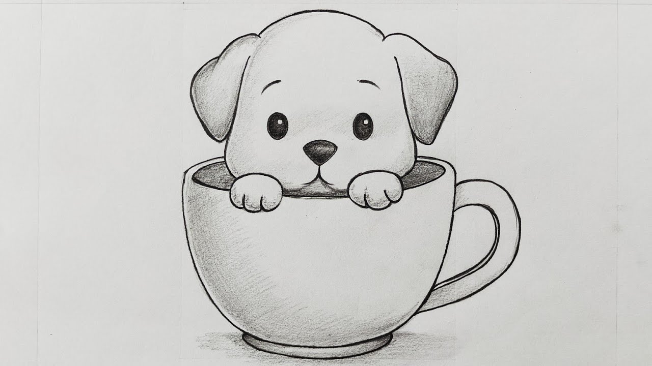 Cute puppy in a cup drawing | Easy pencil sketch tutorial for beginners | How to draw a cute puppy