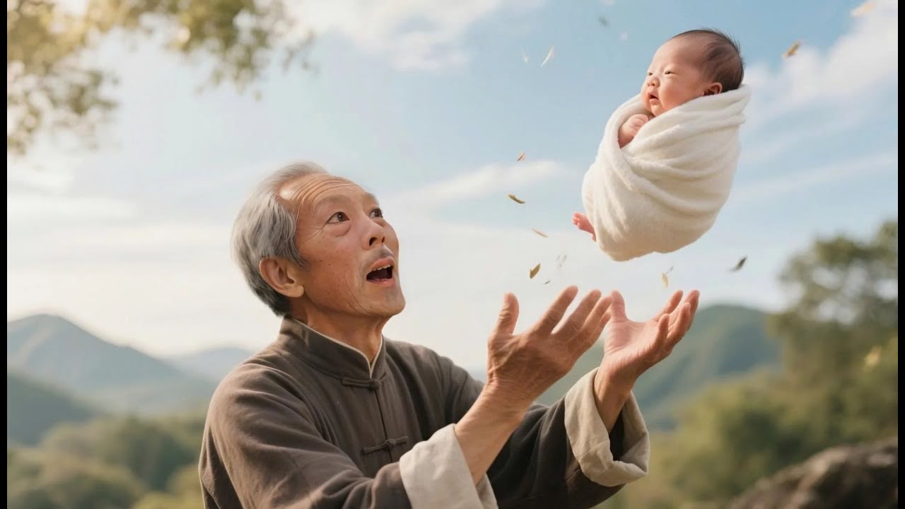 Ông lão khấn trời mong có 1 đồ đệ bất ngờ ngay sau đó 1 cậu bé từ trên trời rơi thẳng vào tay ông