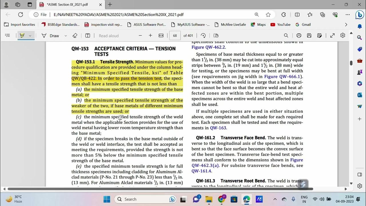 ACCEPTANCE CRITERIA OF TENSION TEST AS PER QW 153 ASME SECTION IX FOR
