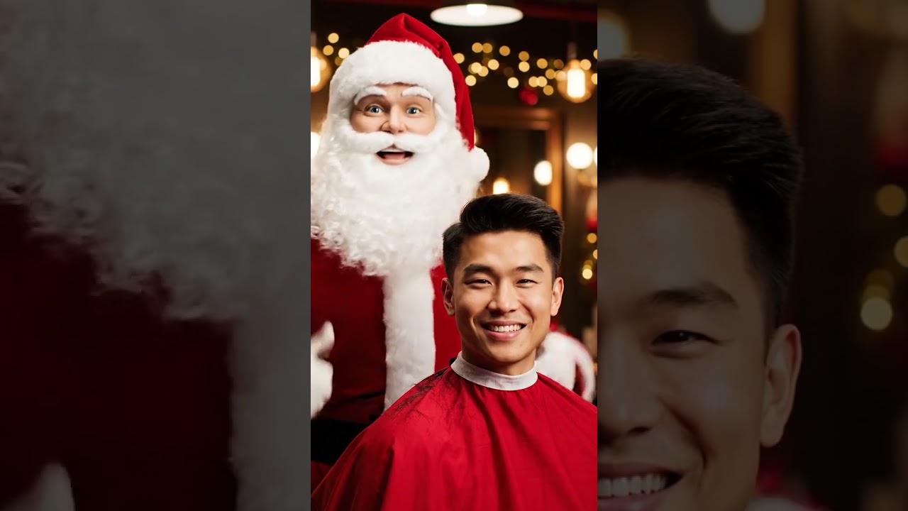 Santa elevating a sharp festive Asian NYC style holiday haircut near me