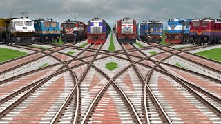 8 TRAINS CROSSING RISKY COVERED BUMPY RAILROAD TRACKS | Indian Railway Train Simulator