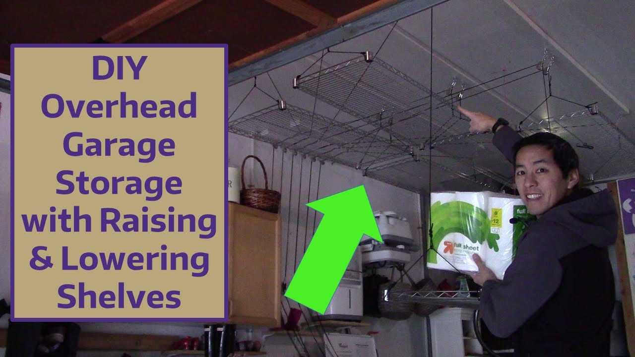 Diy Overhead Garage Storage With Raising And Lowering Shelves Youtube