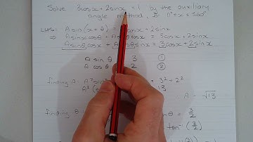 How to solve the trigonometric equation 3cos(x)+2sin(x)=1 using the auxiliary angle method