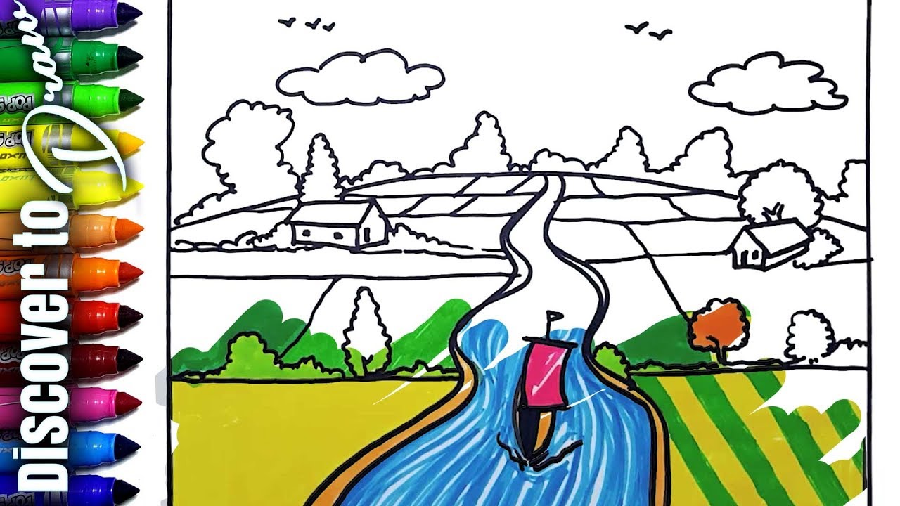 draw and color village scenery with river and boat,house