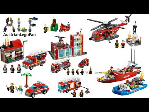 A detailed look at the Lego City 60216 Downtown Fire Brigade with 7 minifigures, a pump system, a li. 