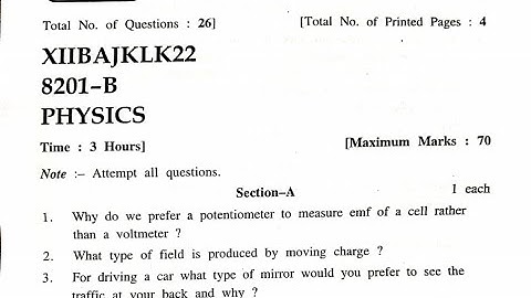 Jkbose Class 12th Physics Paper 2022