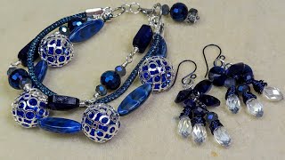 Rainy Day Blues multi-strand bracelet and cluster earrings with Softflex design kit and SilverSilk