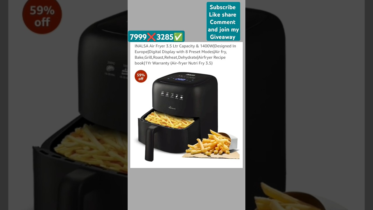 7999❌3285✅INALSA Air Fryer 3.5 Ltr Capacity & 1400W|Designed In Europe|Digital Display 
