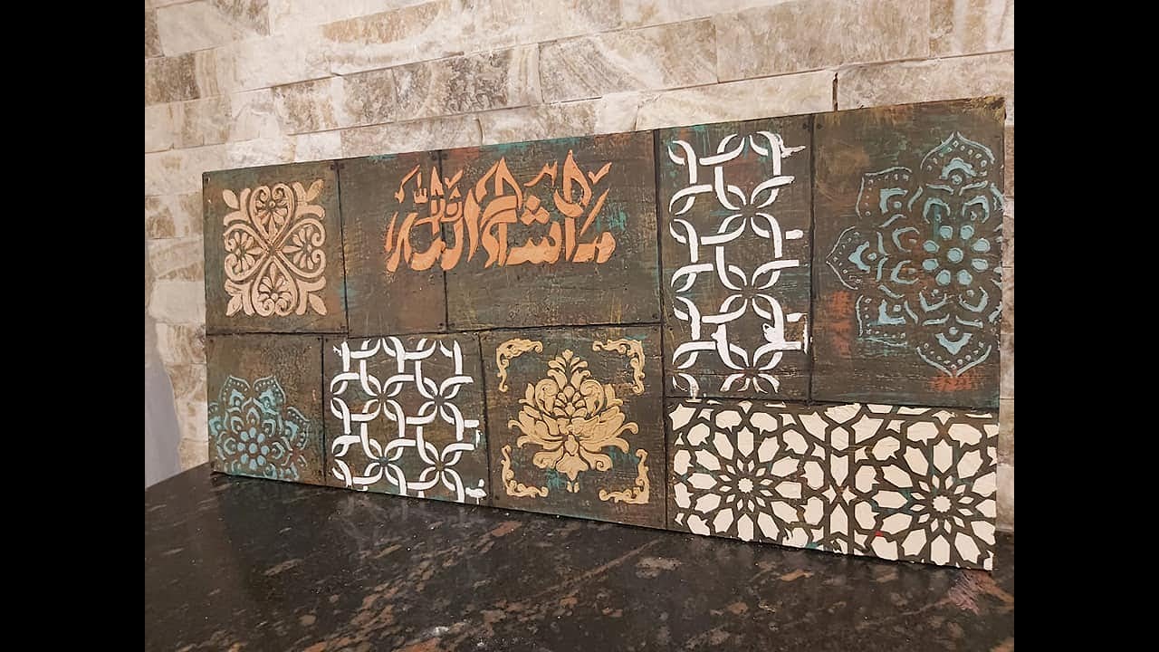 طريقه عمل الاستنسل البارز مع التعتيق تابلوه ماشاء الله