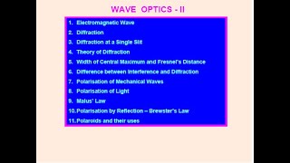 WAVE OPTICS I & II; ELECTROMAGNETIC WAVE; WAVEFRONT; HUYGEN PRINCIPLE; DIFFRACTION; POLARISATION;