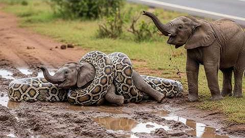 Brave Baby Elephant Rescued from Giant Python Attack! 🐘🐍